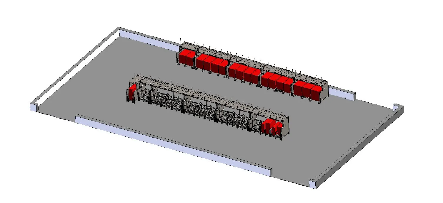 Render layoutu akumulatorowni z rzędami stanowisk ładowania