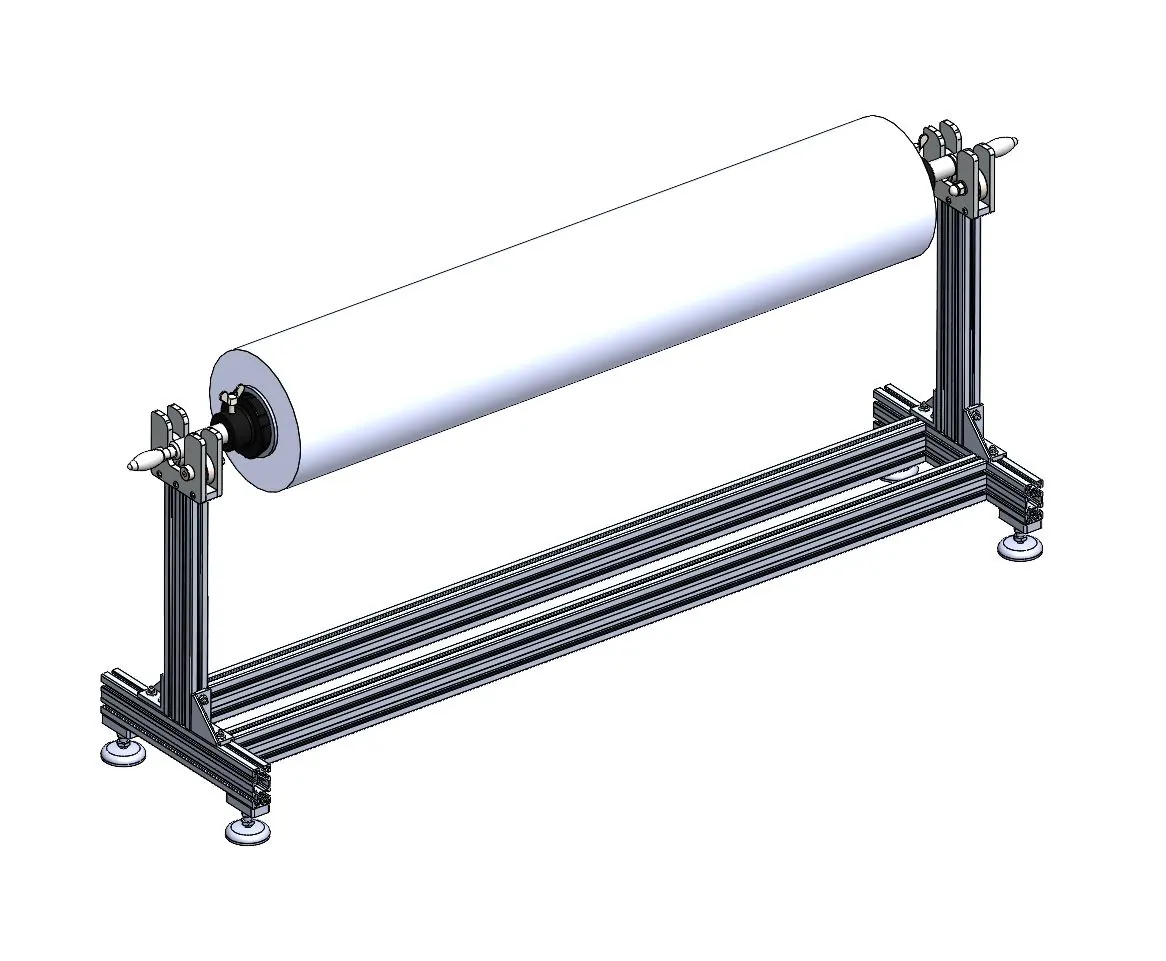 Render zasobnika z rolą materiału na ramie z profili aluminiowych