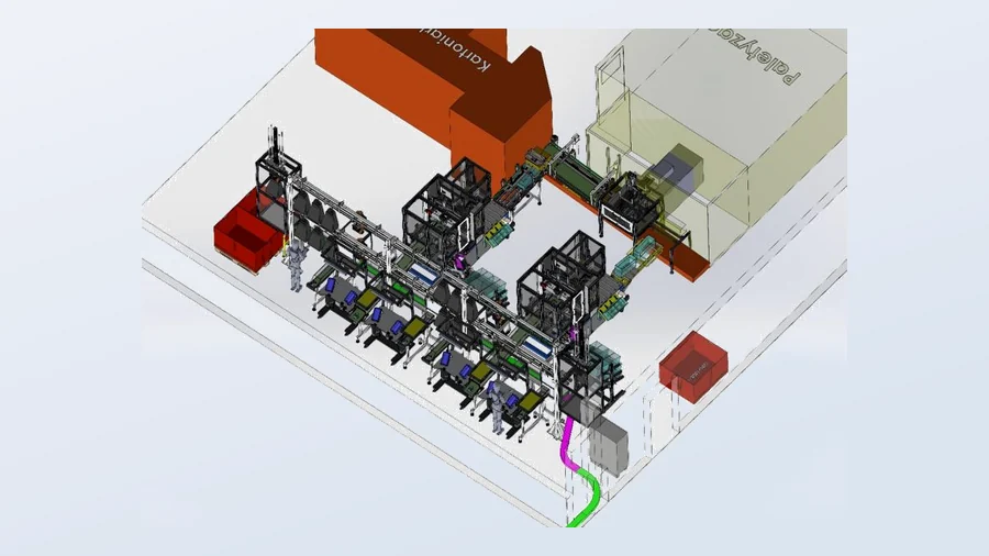 Render kompletnej linii produkcyjnej z kartoniarkami i paletyzerem