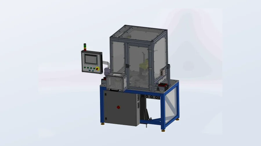 Render maszyny pakującej detale 2×2 mm z robotem i kamerą