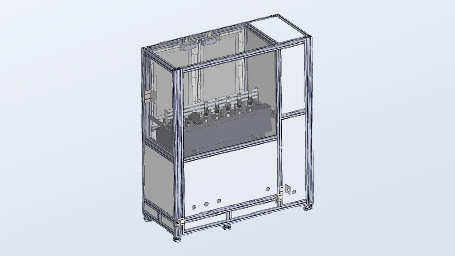 Render stanowiska testowego szczelności w ramie z profili aluminiowych